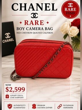 Chanel Boy Camera Bag Red Chevron Quilted Calfskin Double Zip Ruthenium